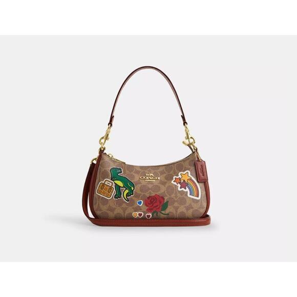 Coach CV939 Teri Shoulder Bag In Signature Canvas With Sticker Print Tan Multi - Picture 1 of 7